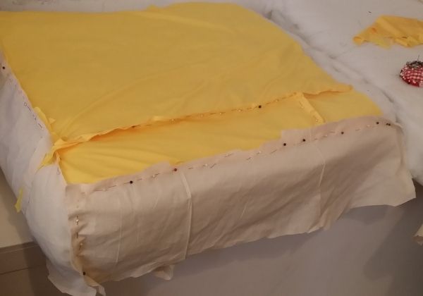 pieces of sunflower yellow lycra and natural coloured muslin pinned together (1)